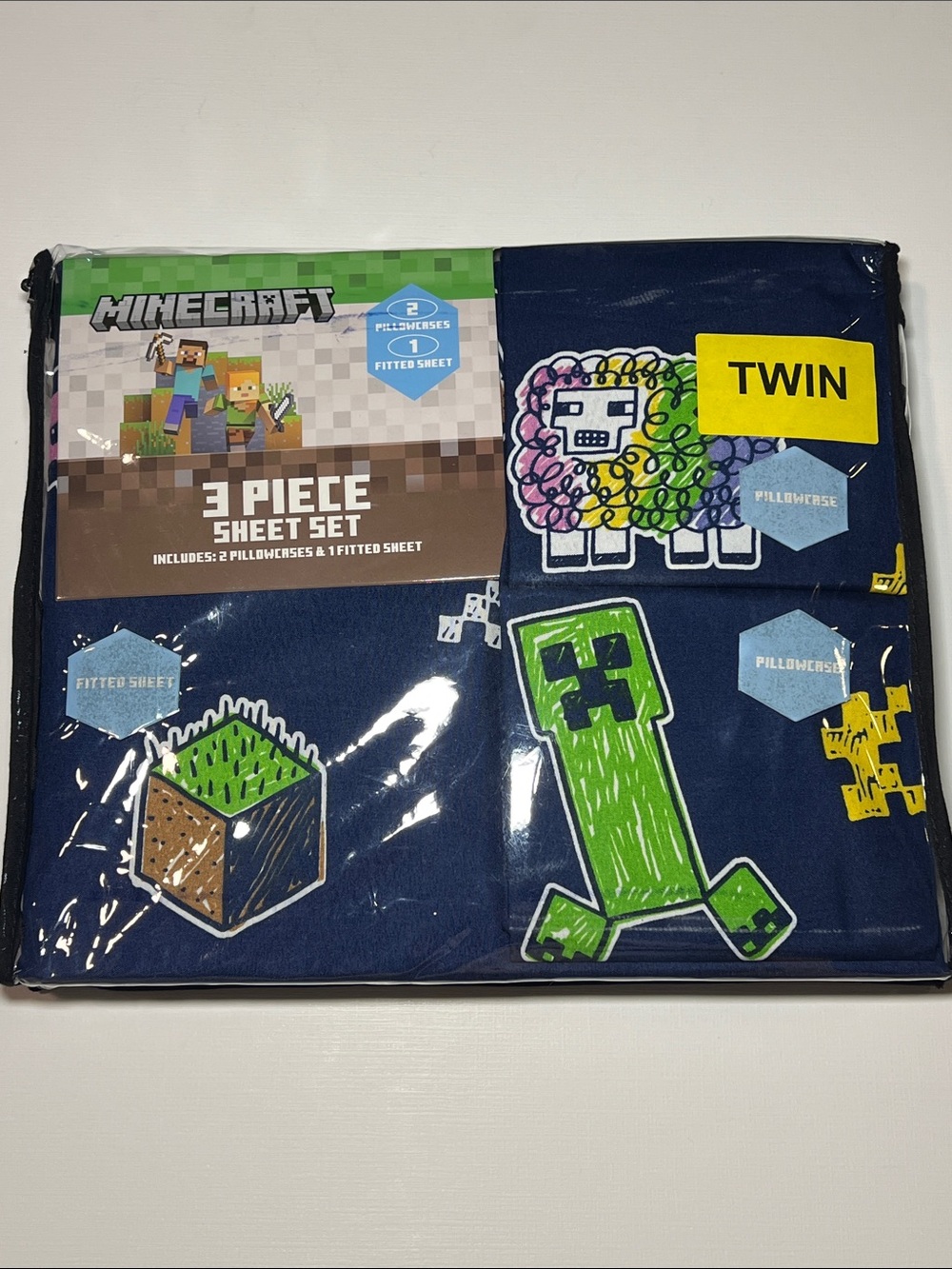 Minecraft Twin 3-Piece Sheet Set - Yellow, Navy with Green